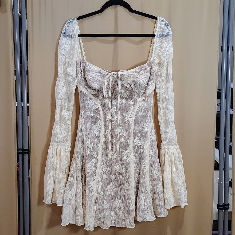 Ethereal Lace Corset Mini Dress Women M Cream Bell Sleeve Milkmaid Coquette Boho